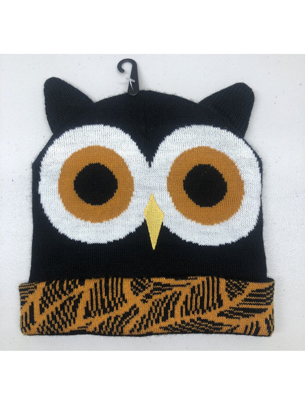 Owl Knit Hat New Black gold White Cuffed OSFA